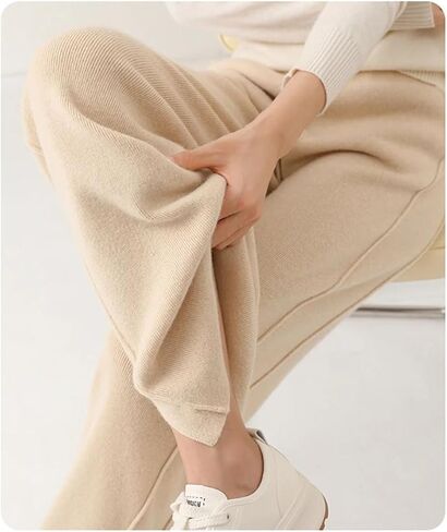 Women's High - Waisted Loose 100% Cashmere Knit Pants, Fashionable Solid - Color Wide - Leg Style in Saudi Arabia