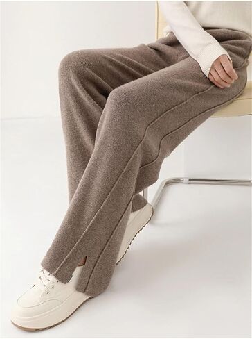 Women's High - Waisted Loose 100% Cashmere Knit Pants, Fashionable Solid - Color Wide - Leg Style in Saudi Arabia