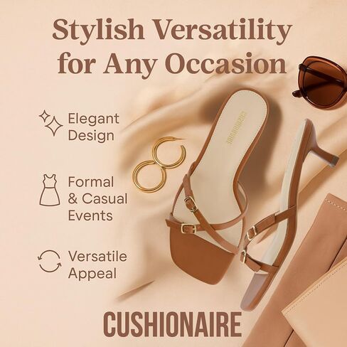 CUSHIONAIRE Milan Kitten Heels for Women, Strappy Heeled Sandals with Cushioned Footbed, Open Toe Slip On Dressy Sandal, Wide Widths Available in Saudi Arabia