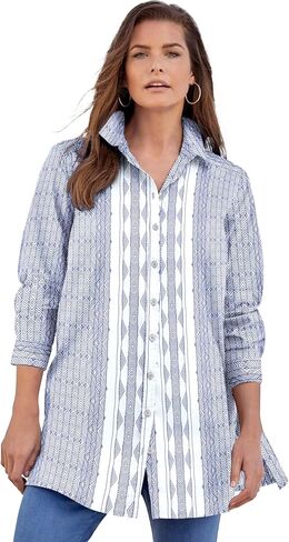 Roaman's Women's Plus Size Kate Long-Sleeve Crisp Cotton-Blend Button-Front Tunic in Saudi Arabia