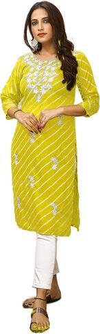 Ladyline Women's Cotton Leheriya المطبوعة Kurti Tunic مع Hakoba التطريز | طول الركبة Chikankari المطرزة قمة كورتا in Saudi Arabia