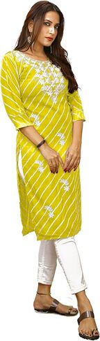 Ladyline Women's Cotton Leheriya المطبوعة Kurti Tunic مع Hakoba التطريز | طول الركبة Chikankari المطرزة قمة كورتا in Saudi Arabia