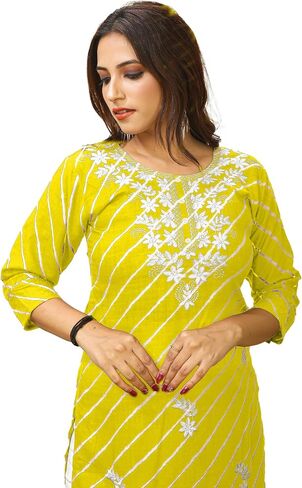 Ladyline Women's Cotton Leheriya المطبوعة Kurti Tunic مع Hakoba التطريز | طول الركبة Chikankari المطرزة قمة كورتا in Saudi Arabia