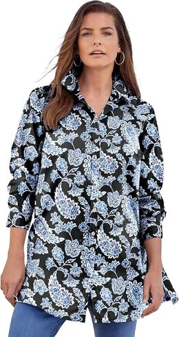 Roaman's Women's Plus Size Kate Long-Sleeve Crisp Cotton-Blend Button-Front Tunic in Saudi Arabia