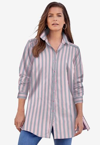 Roaman's Women's Plus Size Kate Long-Sleeve Crisp Cotton-Blend Button-Front Tunic in Saudi Arabia