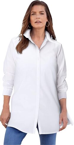 Roaman's Women's Plus Size Kate Long-Sleeve Crisp Cotton-Blend Button-Front Tunic in Saudi Arabia