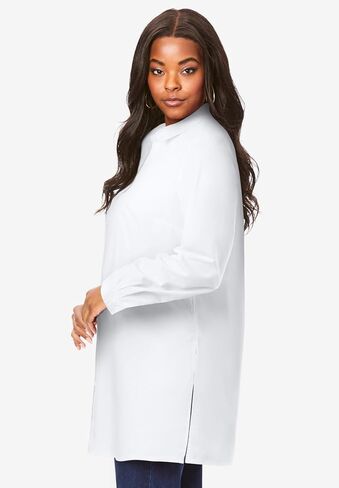 Roaman's Women's Plus Size Kate Long-Sleeve Crisp Cotton-Blend Button-Front Tunic in Saudi Arabia