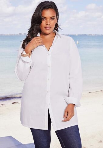 Roaman's Women's Plus Size Kate Long-Sleeve Crisp Cotton-Blend Button-Front Tunic in Kuwait
