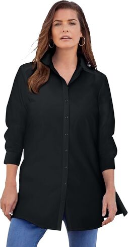 Roaman's Women's Plus Size Kate Long-Sleeve Crisp Cotton-Blend Button-Front Tunic in Kuwait