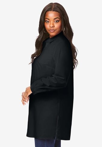 Roaman's Women's Plus Size Kate Long-Sleeve Crisp Cotton-Blend Button-Front Tunic in Kuwait