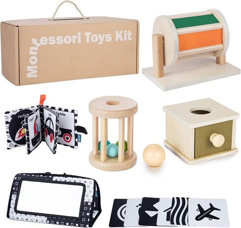 Montessori Educational Toys for Babies 7-12 Months, 7 in 1 Early Learning Educational Kit for Toddlers Gifts, Includes Spinning Drum, Permanent Box, Red Mirror Knob Puzzle, Hedgehog Rattle and More in Saudi Arabia