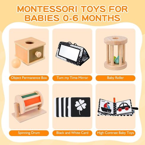 Montessori Educational Toys for Babies 7-12 Months, 7 in 1 Early Learning Educational Kit for Toddlers Gifts, Includes Spinning Drum, Permanent Box, Red Mirror Knob Puzzle, Hedgehog Rattle and More in Saudi Arabia