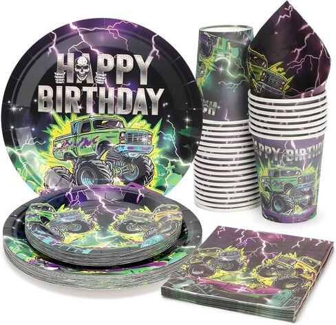 96 Pcs Party Plates, Monster Truck Paper Plates and Napkins Party Supplies for Monster Trcuck Birthday for Kids, Disposable Tableware Sets, Serve for 24 Guests in Kuwait