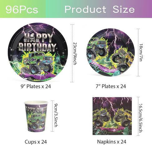 96 Pcs Party Plates, Monster Truck Paper Plates and Napkins Party Supplies for Monster Trcuck Birthday for Kids, Disposable Tableware Sets, Serve for 24 Guests in Kuwait