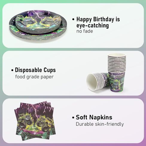 96 Pcs Party Plates, Monster Truck Paper Plates and Napkins Party Supplies for Monster Trcuck Birthday for Kids, Disposable Tableware Sets, Serve for 24 Guests in Kuwait