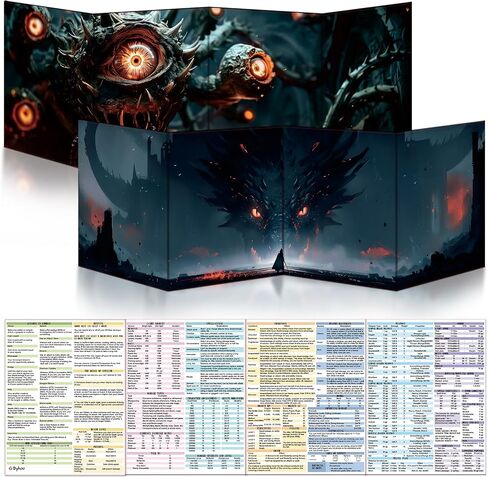 Byhoo 2 PCS DM Screen for D&D 5E with 2 Immersive Themes，Waterproof Reusable Surface, Tri-Fold Portable Design Folds to A4 Size DND Accessories Compatible with Players Handbook in Kuwait