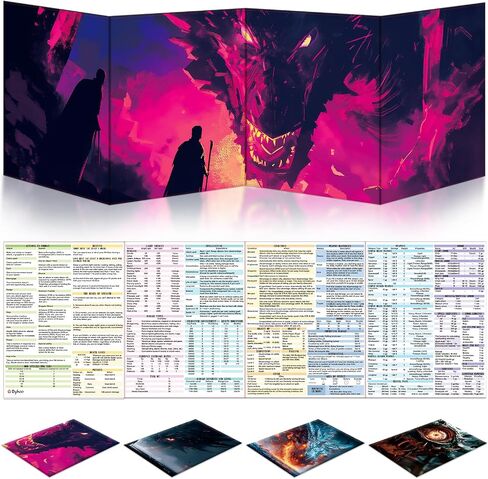 Byhoo 2 PCS DM Screen for D&D 5E with 2 Immersive Themes，Waterproof Reusable Surface, Tri-Fold Portable Design Folds to A4 Size DND Accessories Compatible with Players Handbook in Kuwait