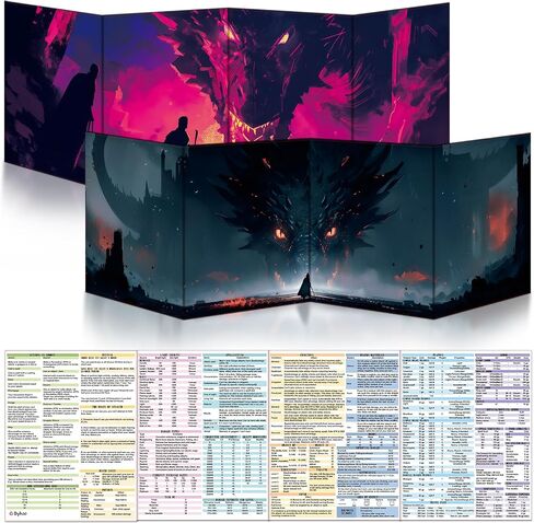 Byhoo 2 PCS DM Screen for D&D 5E with 2 Immersive Themes，Waterproof Reusable Surface, Tri-Fold Portable Design Folds to A4 Size DND Accessories Compatible with Players Handbook in Kuwait