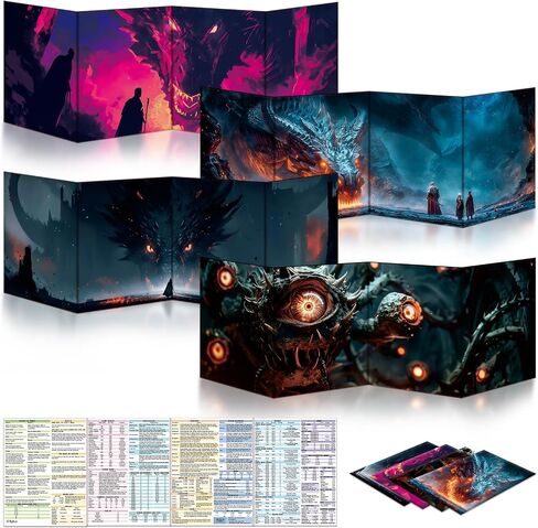 Byhoo 2 PCS DM Screen for D&D 5E with 2 Immersive Themes，Waterproof Reusable Surface, Tri-Fold Portable Design Folds to A4 Size DND Accessories Compatible with Players Handbook in Kuwait