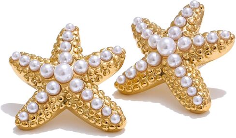 Gold Starfish Earrings for Women: Statement Seashell with Pearls Beachy Ocean-Inspired Stud Waterproof Lightweight Dangle Earrings for Summer Vacation Jewelry in Kuwait