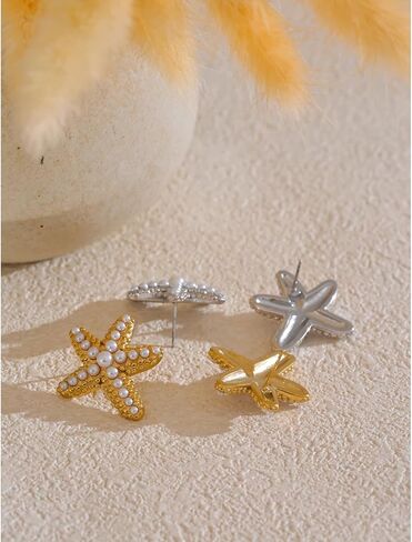 Gold Starfish Earrings for Women: Statement Seashell with Pearls Beachy Ocean-Inspired Stud Waterproof Lightweight Dangle Earrings for Summer Vacation Jewelry in Kuwait