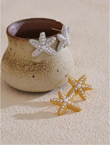 Gold Starfish Earrings for Women: Statement Seashell with Pearls Beachy Ocean-Inspired Stud Waterproof Lightweight Dangle Earrings for Summer Vacation Jewelry in Kuwait