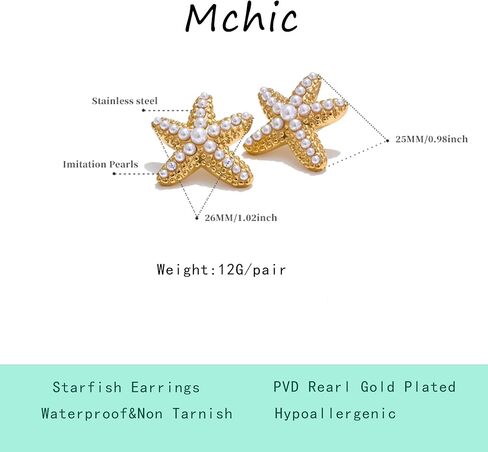 Gold Starfish Earrings for Women: Statement Seashell with Pearls Beachy Ocean-Inspired Stud Waterproof Lightweight Dangle Earrings for Summer Vacation Jewelry in Kuwait