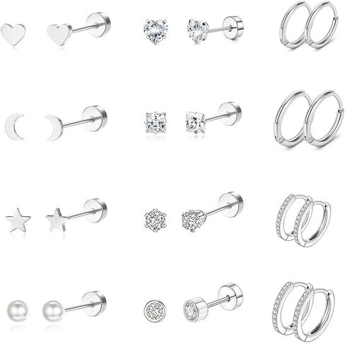 Hypoallergenic 20g 6mm 6mm Back Stud أقراط و 18g 8mm/10mm أقراط طوق صغيرة محددة للنساء ، و 12 زوجًا من الأقراط الغضروف من الفولاذ المقاوم للصدأ لثقبات متعددة in Saudi Arabia
