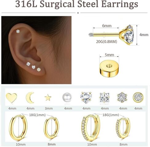 Hypoallergenic 20g 6mm 6mm Back Stud أقراط و 18g 8mm/10mm أقراط طوق صغيرة محددة للنساء ، و 12 زوجًا من الأقراط الغضروف من الفولاذ المقاوم للصدأ لثقبات متعددة in Saudi Arabia