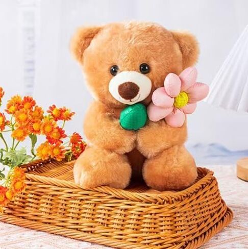 Teddy Bear Stuffed Animals, 8 Inches Teddy Bear Plush Toy with Flower Birthday Christmas Valentine’s Day Gift for Kids Girlfriend (Pink Flower) in Kuwait