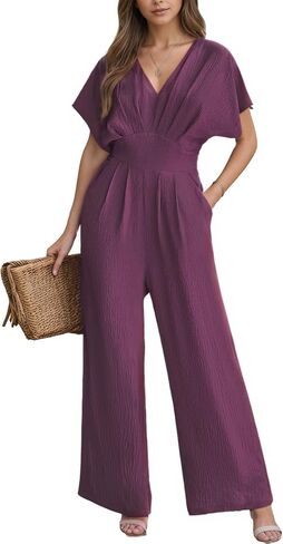CUPSHE Womens Wide Leg Jumpsuits V-Neck Batwing Short Sleeve Summer Long Rompe Casual Outfit Pocket in Saudi Arabia