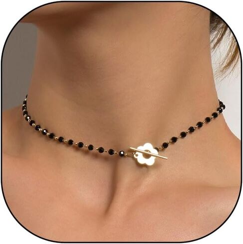 GIGB PBDK 14K Gold Flower Choker Necklace, Black Crystal Bead Thin Chain Short Necklace, Fashion OT Buckle Bohemian Jewelry Gift For Women in Saudi Arabia