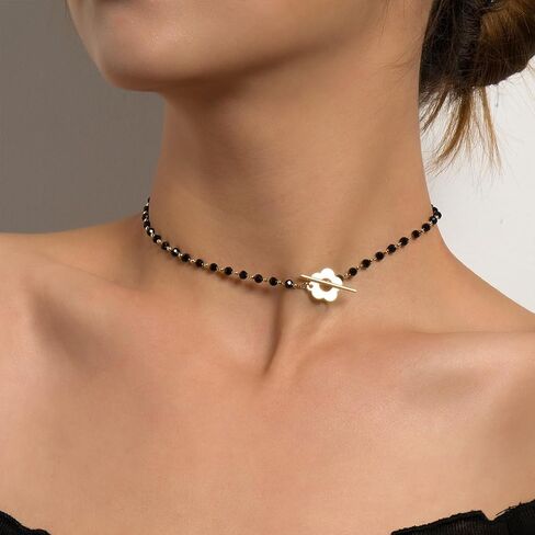 GIGB PBDK 14K Gold Flower Choker Necklace, Black Crystal Bead Thin Chain Short Necklace, Fashion OT Buckle Bohemian Jewelry Gift For Women in Saudi Arabia