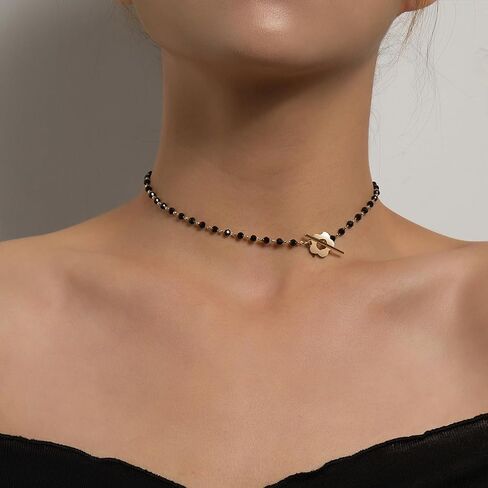GIGB PBDK 14K Gold Flower Choker Necklace, Black Crystal Bead Thin Chain Short Necklace, Fashion OT Buckle Bohemian Jewelry Gift For Women in Saudi Arabia