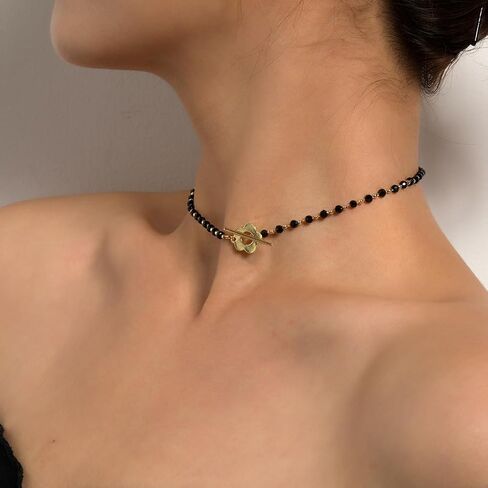 GIGB PBDK 14K Gold Flower Choker Necklace, Black Crystal Bead Thin Chain Short Necklace, Fashion OT Buckle Bohemian Jewelry Gift For Women in Saudi Arabia