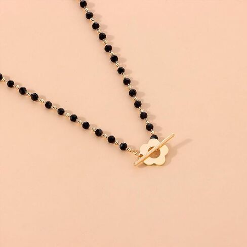 GIGB PBDK 14K Gold Flower Choker Necklace, Black Crystal Bead Thin Chain Short Necklace, Fashion OT Buckle Bohemian Jewelry Gift For Women in Saudi Arabia