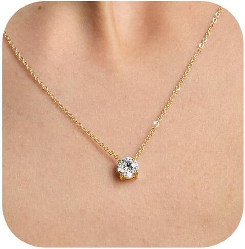 Wssxc Plated Crystal Solitaire 1.5 Carat (7mm) Cubic Zirconia Dainty Choker Necklace | Gold Necklaces for Women in Kuwait