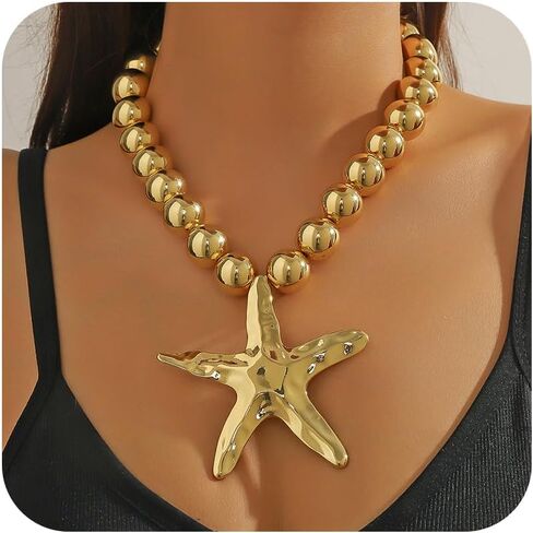 Starfish Necklace for Women Gold Seashell Starfish Pendant Necklace Layered Pearl Star Fish Choker Summer Beach Jewelry Outfit Accessories for Her in Saudi Arabia