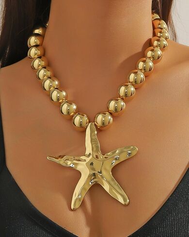 Starfish Necklace for Women Gold Seashell Starfish Pendant Necklace Layered Pearl Star Fish Choker Summer Beach Jewelry Outfit Accessories for Her in Saudi Arabia