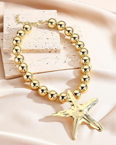 Starfish Necklace for Women Gold Seashell Starfish Pendant Necklace Layered Pearl Star Fish Choker Summer Beach Jewelry Outfit Accessories for Her in Saudi Arabia