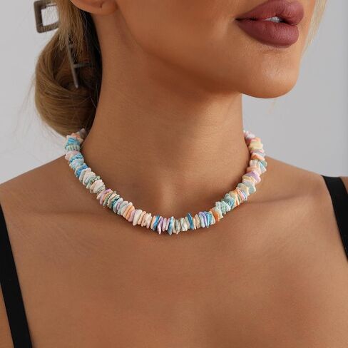 White Puka Shell Necklace for Women Men Shell Beach Choker Necklace Bohemian Surfer Necklace Irregular Shells Necklaces Boho Ocean Theme Summer Necklaces Hawaiian Beach Charm Jewelry for Women in Saudi Arabia