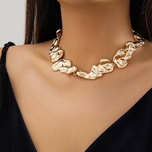 Chunky Gold Statement Choker Necklace for Women Irregular Pleated Lava Necklace Minimalistic Melting Liquid Necklace Trendy Birthday Jewelry Presents in Saudi Arabia