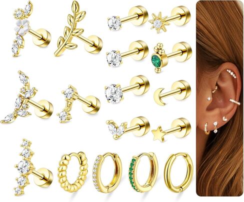 Surgical Steel Cartilage Earrings for Women Flat Back Earrings 14K Gold Daith Conch Tragus Helix Piercing Jewelry Studs Hoop Earring Set for Multiple Piercing in Kuwait