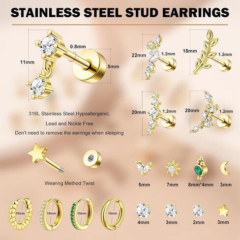 Surgical Steel Cartilage Earrings for Women Flat Back Earrings 14K Gold Daith Conch Tragus Helix Piercing Jewelry Studs Hoop Earring Set for Multiple Piercing in Kuwait
