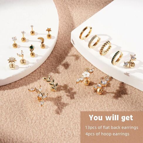 Surgical Steel Cartilage Earrings for Women Flat Back Earrings 14K Gold Daith Conch Tragus Helix Piercing Jewelry Studs Hoop Earring Set for Multiple Piercing in Kuwait