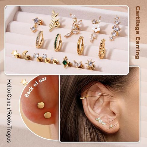 Surgical Steel Cartilage Earrings for Women Flat Back Earrings 14K Gold Daith Conch Tragus Helix Piercing Jewelry Studs Hoop Earring Set for Multiple Piercing in Kuwait