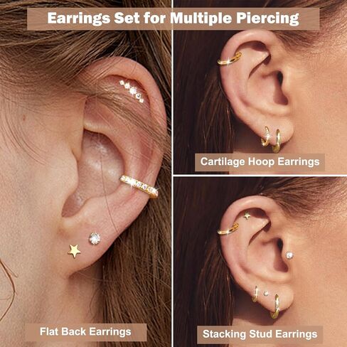 Surgical Steel Cartilage Earrings for Women Flat Back Earrings 14K Gold Daith Conch Tragus Helix Piercing Jewelry Studs Hoop Earring Set for Multiple Piercing in Kuwait