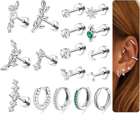Surgical Steel Cartilage Earrings for Women Flat Back Earrings 14K Gold Daith Conch Tragus Helix Piercing Jewelry Studs Hoop Earring Set for Multiple Piercing in Kuwait