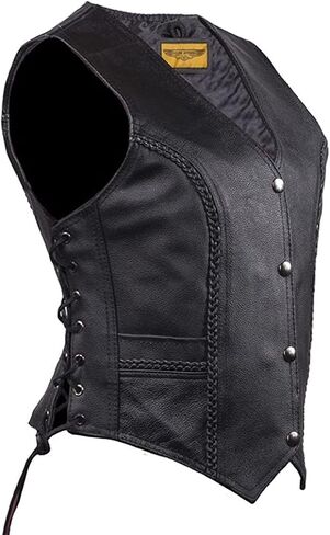 Womens Black Leather Motorcycle Vest with Braid on Front and Back Side Laces in Saudi Arabia