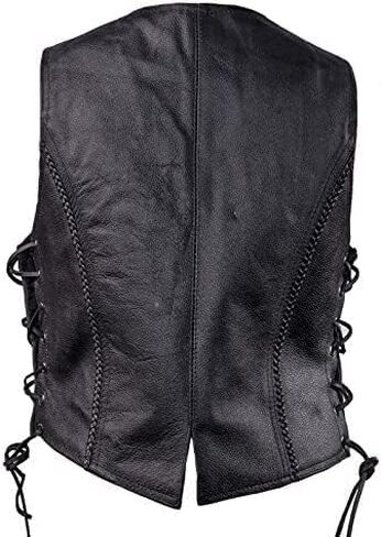 Womens Black Leather Motorcycle Vest with Braid on Front and Back Side Laces in Saudi Arabia